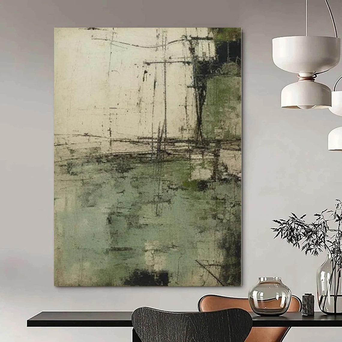 “Green - Black - Beige Textured Abstract” Mixed - Media Art CT0160