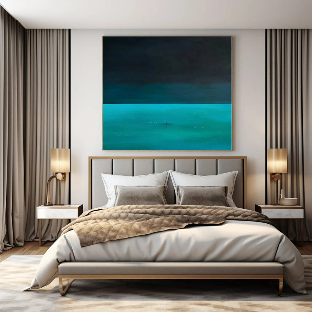 “Dark Blue - Teal Sea with Boat” Minimalist Acrylic Art CT0194
