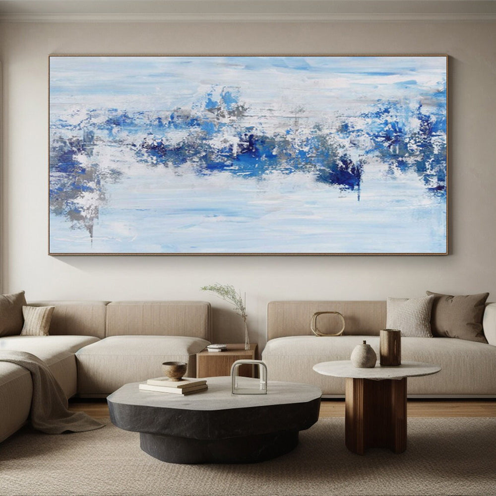 “Blue & Gray Waterfall” - Abstract Painting with Light Blue, Dark Blue, Gray CT0072