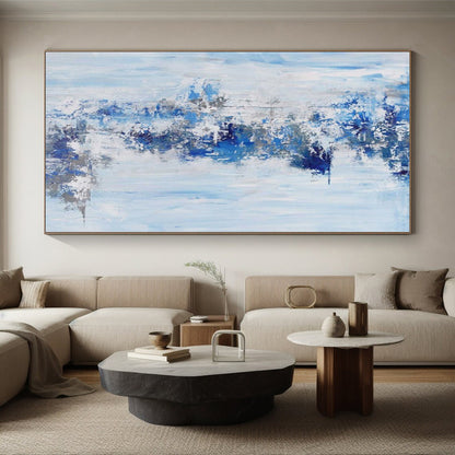 “Blue & Gray Waterfall” - Abstract Painting with Light Blue, Dark Blue, Gray CT0072