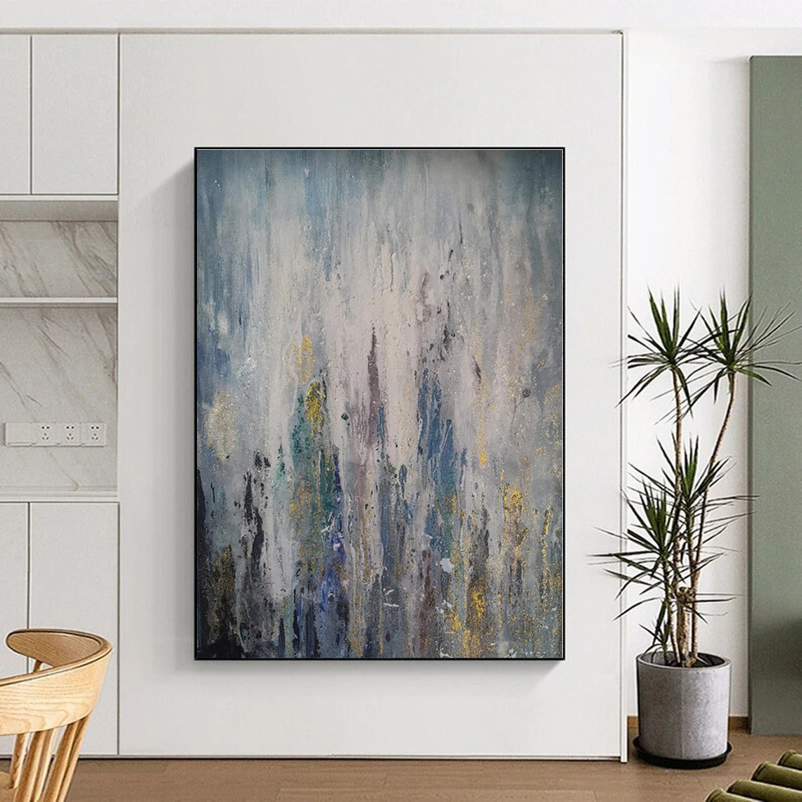 “Blue - Grey Abstract Drips”，Abstract Expressionist Acrylic Art CT0561