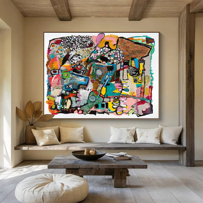 Colorful, complex abstract composition with various shapes and patterns CT1656