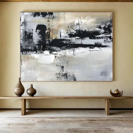“Monochrome Chaos” - Black, white, gray; thick, messy brushstrokes and splatters CT1565