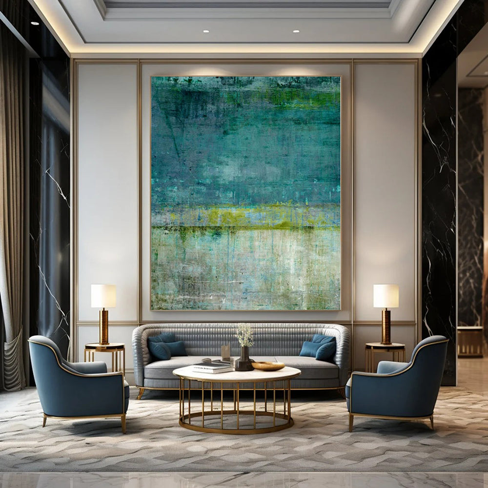 “Teal and Green Textured Layers” Mixed - Media Art CT0182