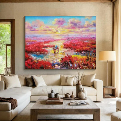 Pink Wetlands at Sunset with Boats - Romantic Oil Landscape CT1799