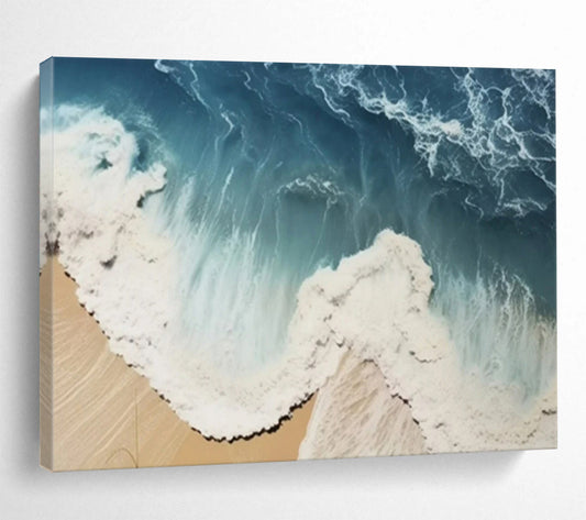 “Aerial Beach Waves” - Hues of blue, white, beige; aerial view of waves lapping against a sandy beach CT1549