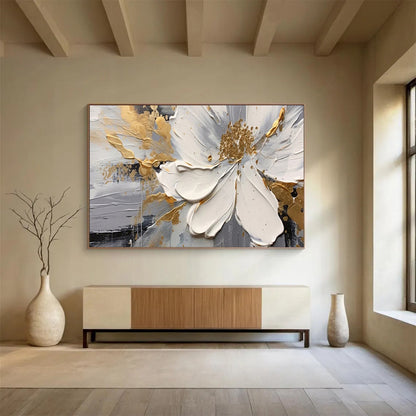 “Gilded Floral Elegance” – Whites, grays, golds in thick, textured flower petals CT1703