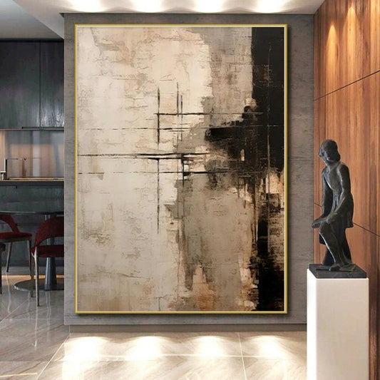 “Beige - Black Grid Textures” Abstract Acrylic Art CT0272