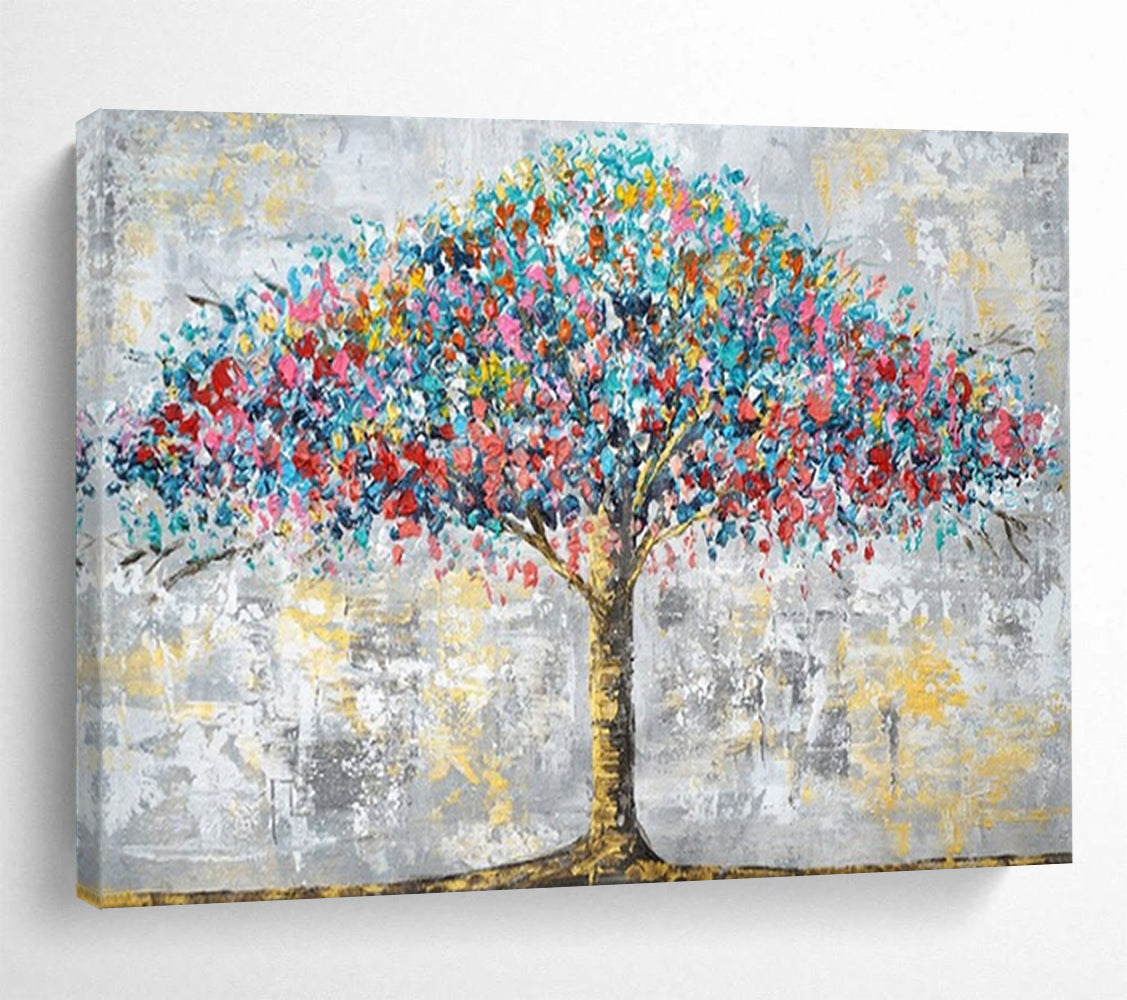 “Rainbow Tree” - Vivid blues, reds, yellows; textured, colorful tree against gray CT1514