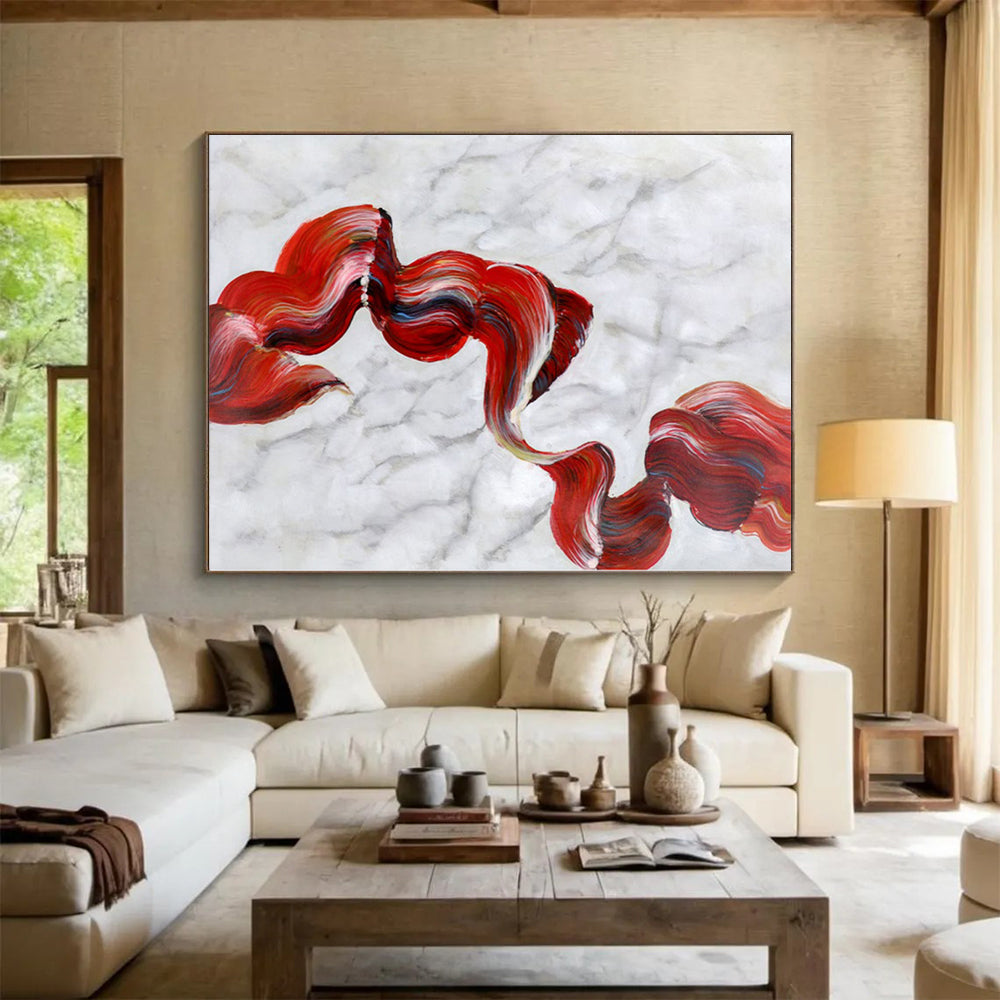 “Flowing Red - White Marble Ribbons” Abstract Acrylic Art CT0307