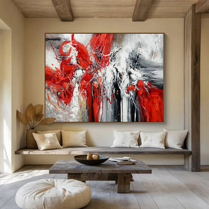 “Scarlet Rhapsody” - Red, white, gray; dynamic, swirling red forms against muted background CT1485