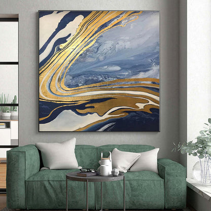 “Blue - Gold Marble Flow”，Abstract Geometric Resin Art CT0555
