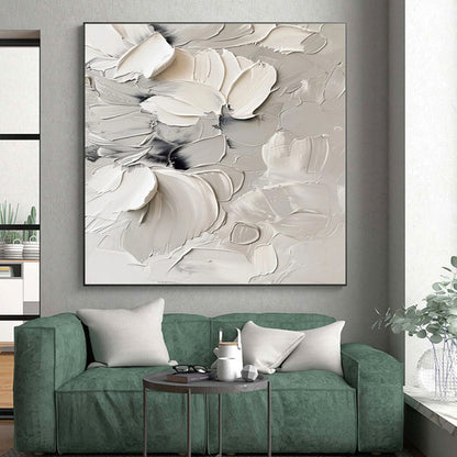 “Textured White Blooms”，Abstract Floral Impasto Artwork CT0525