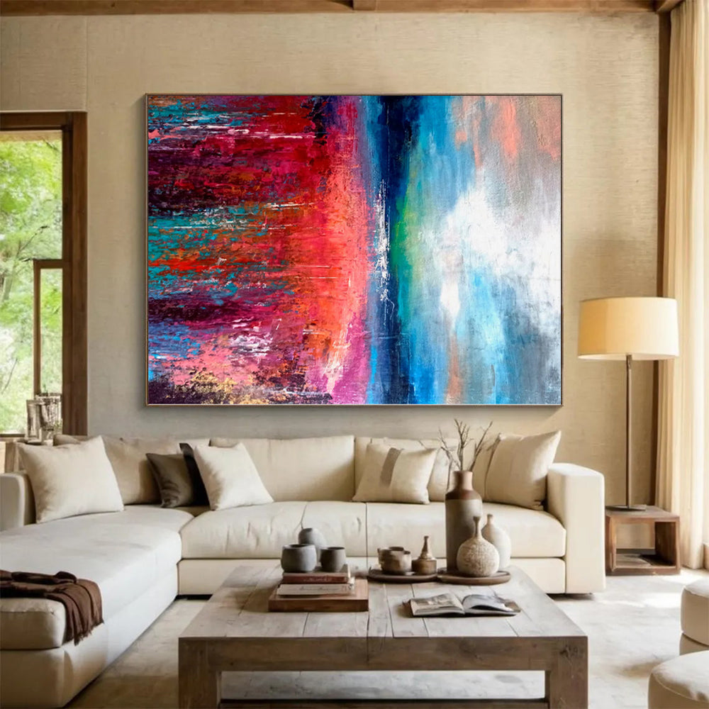 “Blues and Oranges Cascade” - Abstract Creation with Teal, White, Orange, Green Layers CT0012