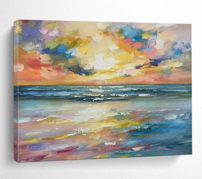 “Rainbow Sunset Beach” – Impasto Seascape Oil Painting CT1748