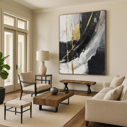 “Gilded Monochrome” - Abstract Art with Black, White, Gold CT0085