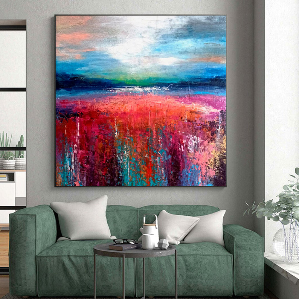 “Blues and Oranges Cascade” - Abstract Creation with Teal, White, Orange, Green Layers CT0012