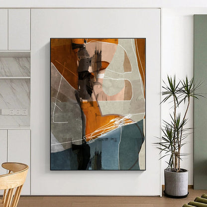 “Orange - Grey Geometric Collage”，Cubist - Inspired Abstract Mixed - Media Art CT0567