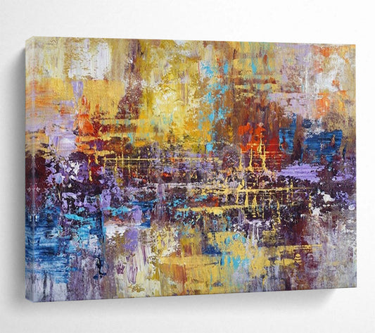 “Golden - Purple Fusion” - Yellows, purples, blues, oranges; layered, chaotic yet harmonious abstract scene CT1516