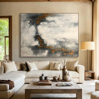 “Grey - White Abstract with Gold Veins”，Ethereal Abstract Painting CT0378