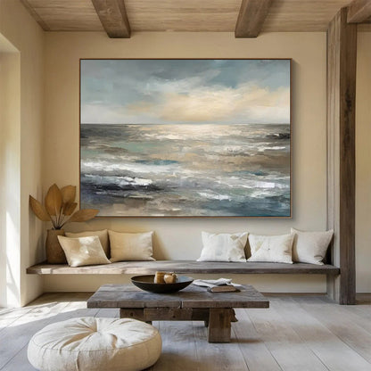“Muted Ocean Horizon” - Tones of gray, blue, beige; a soft, abstract ocean horizon with gentle waves CT1548