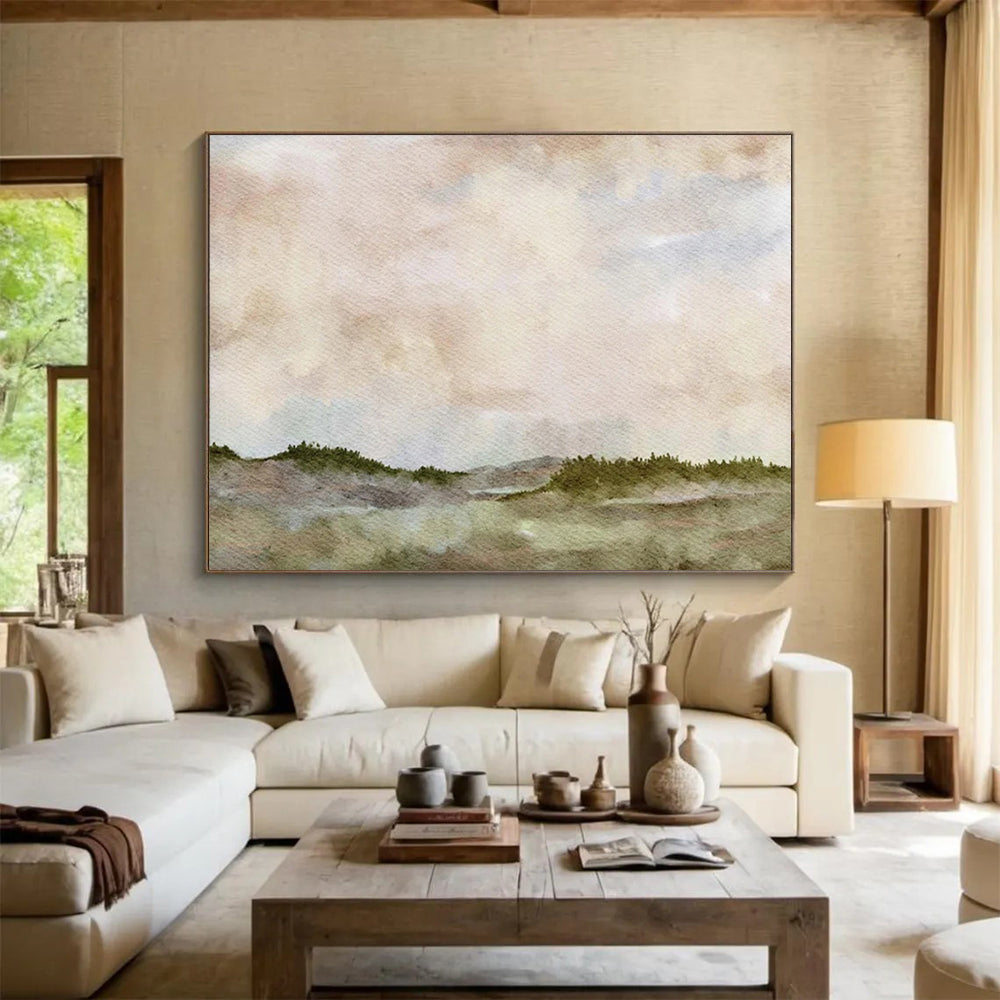 “Hazy Horizons” - Soft pinks, blues, greens; dreamy, misty landscape with distant hills CT1488