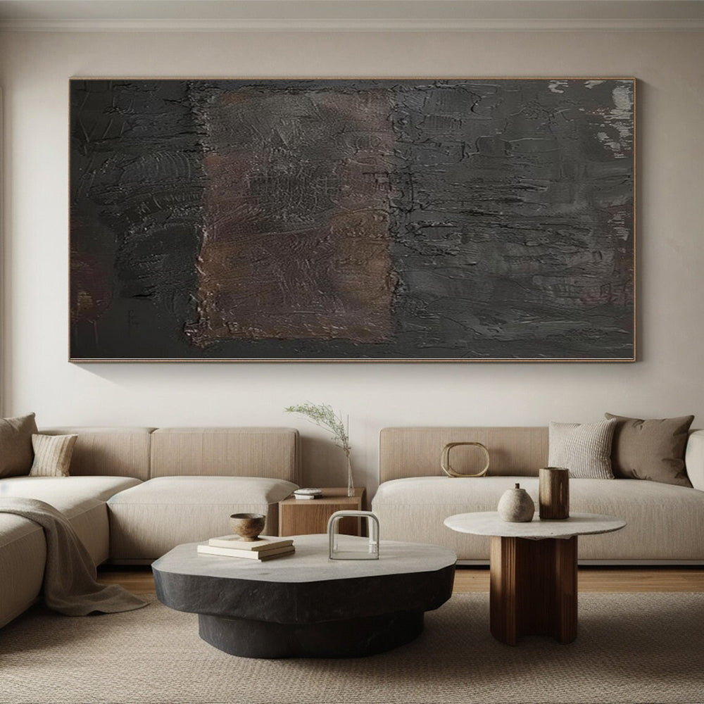 “Dark Textured Rectangle” - Abstract Painting with Deep Browns, Blacks CT0103