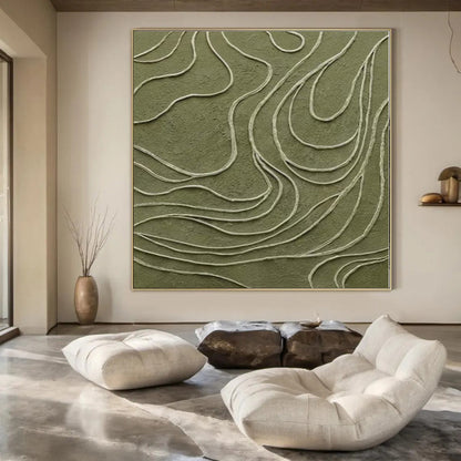 “Olive Green with White Wavy Lines” Textured Relief Art CT0144