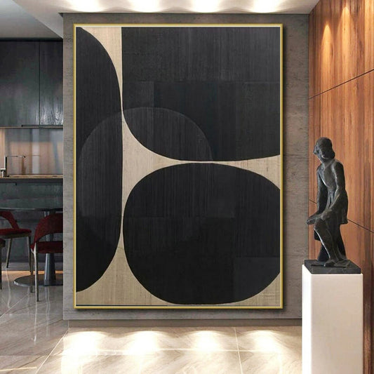 “Black Circles & Beige - Gold Weave”，Hard - Edge Abstract Art CT0595