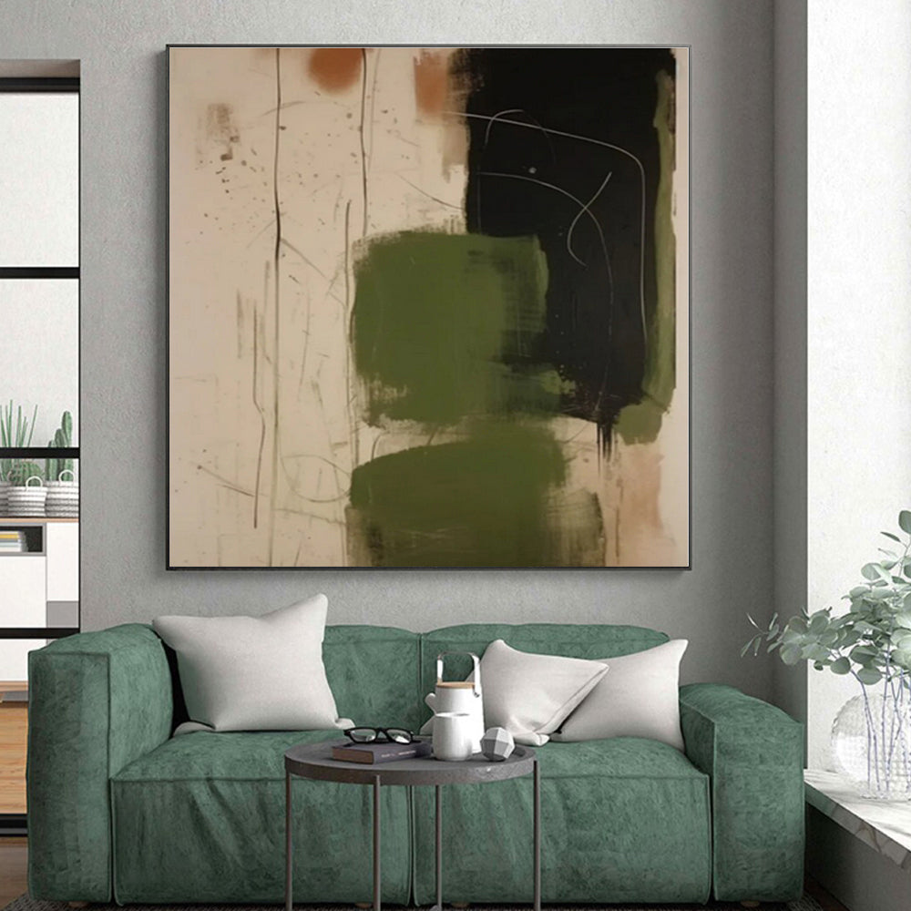 “Green, Black, and Earth Tones”，Abstract Expressive Acrylic Painting CT0533