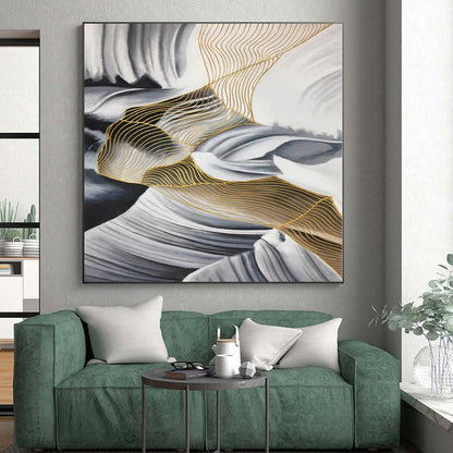 “Black - White - Gold Wavy Nets”，Mixed - Media Abstract Painting CT0351