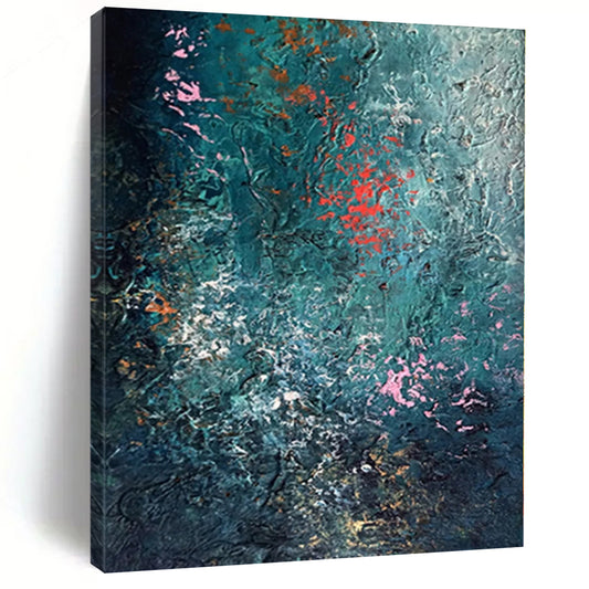 “Deep Sea Sparkle” - Abstract Painting with Teal Background, Pink and Orange Flecks CT0002