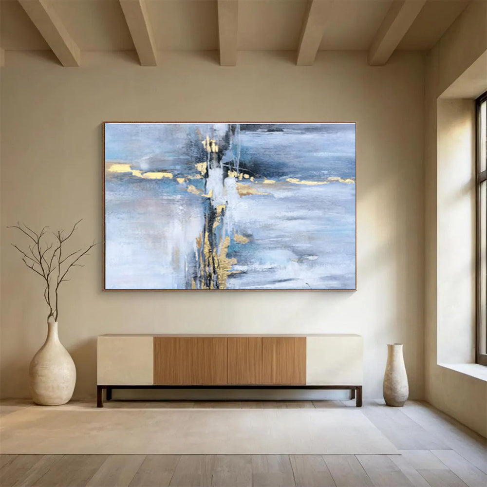 “Blue - Gold Abstract Streaks” - Blues, whites, golds; fluid, streaked abstraction with metallic accents CT1631