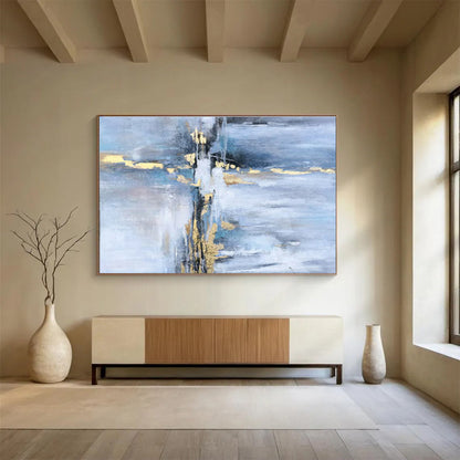 “Blue - Gold Abstract Streaks” - Blues, whites, golds; fluid, streaked abstraction with metallic accents CT1631