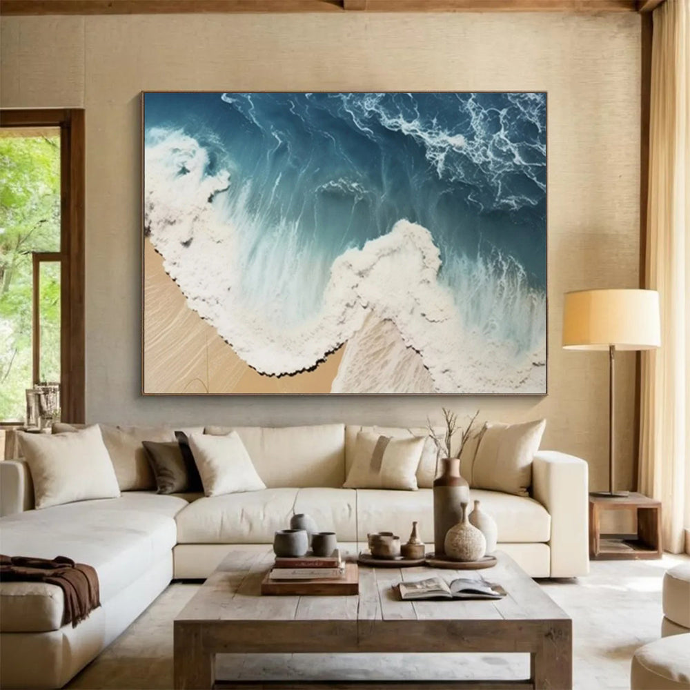 “Aerial Beach Waves” - Hues of blue, white, beige; aerial view of waves lapping against a sandy beach CT1549