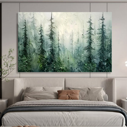 “Misty Forest Whispers” - Greens, blues, whites; textured, atmospheric forest scene CT1600