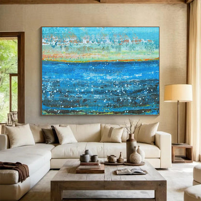 Blue Ocean with White Specks & Coastal Hues - Pointillist-Inspired Seaside Art CT1794