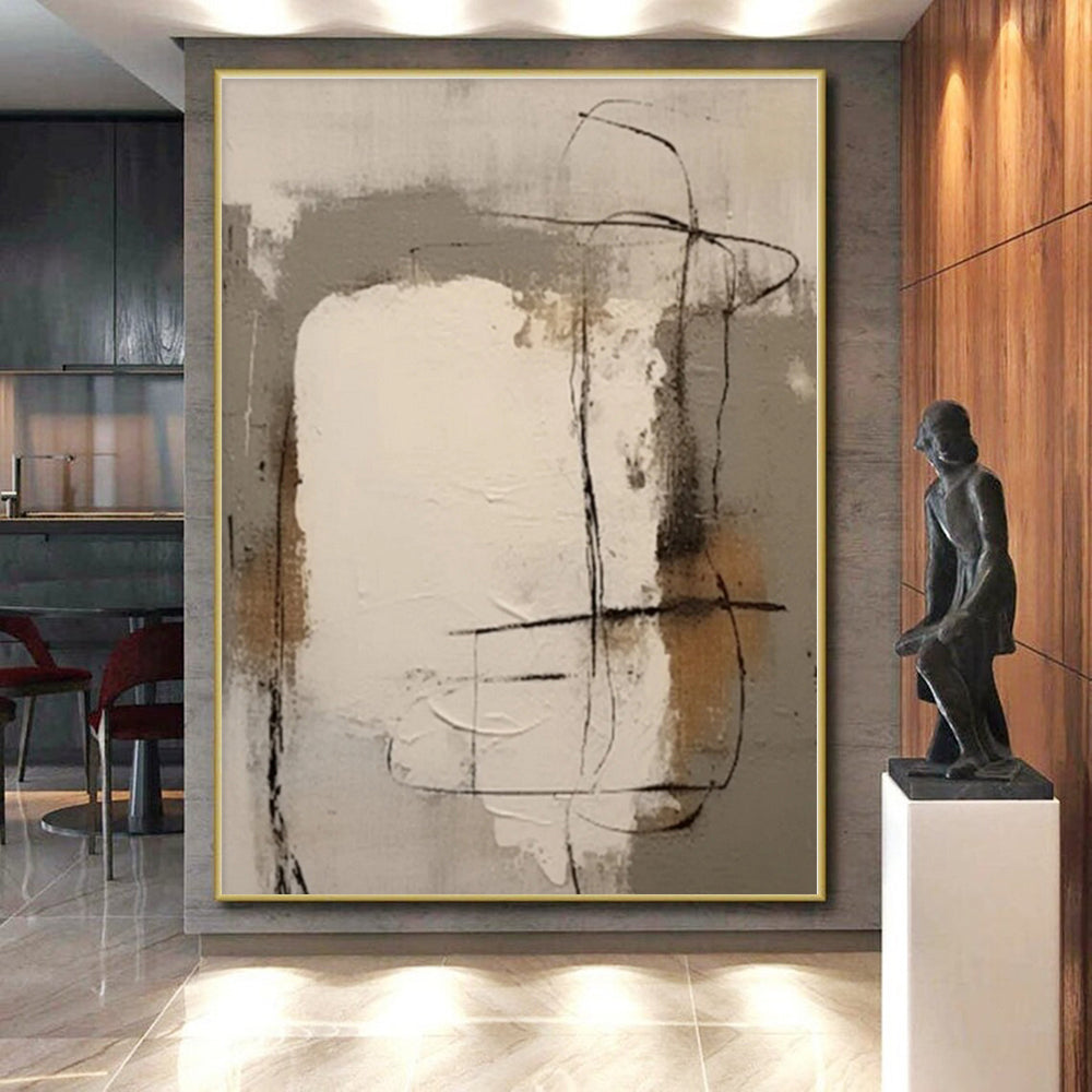 “Neutral Shapes with Black Lines”，Abstract Geometric Oil Painting CT0541