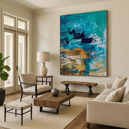 “Ocean Depths” - Abstract Painting with Teal, Blue, Black, Orange, White CT0036