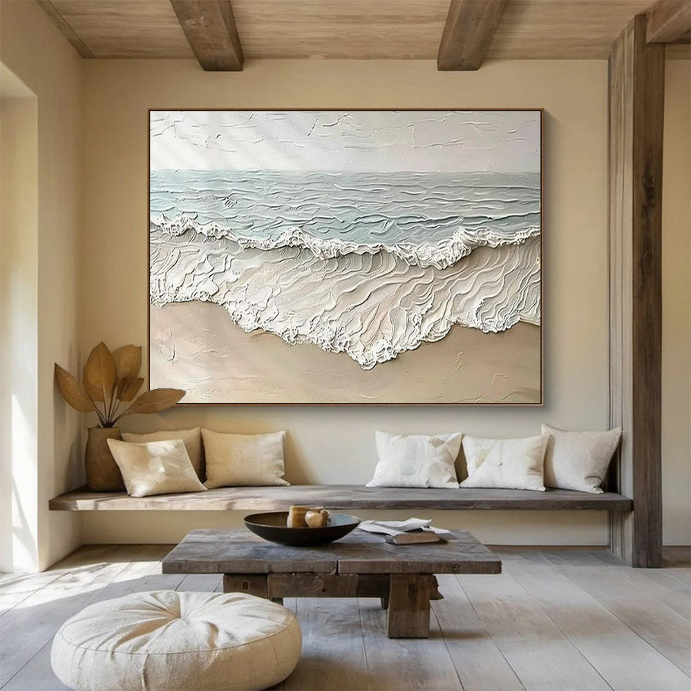 “Textured Beach Waves” - Beige, blue, white; thick, 3D - like beach scene CT1581