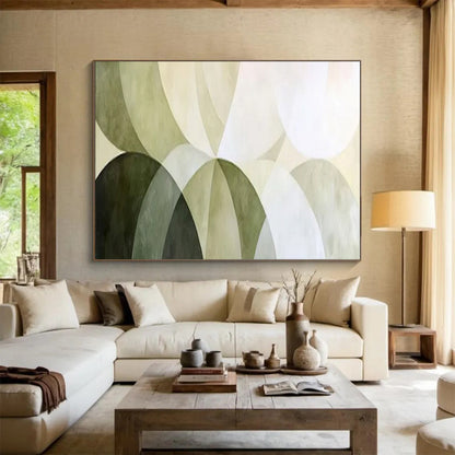 “Green Arc Harmony” – Shades of green, white in overlapping, curved geometric forms CT1700