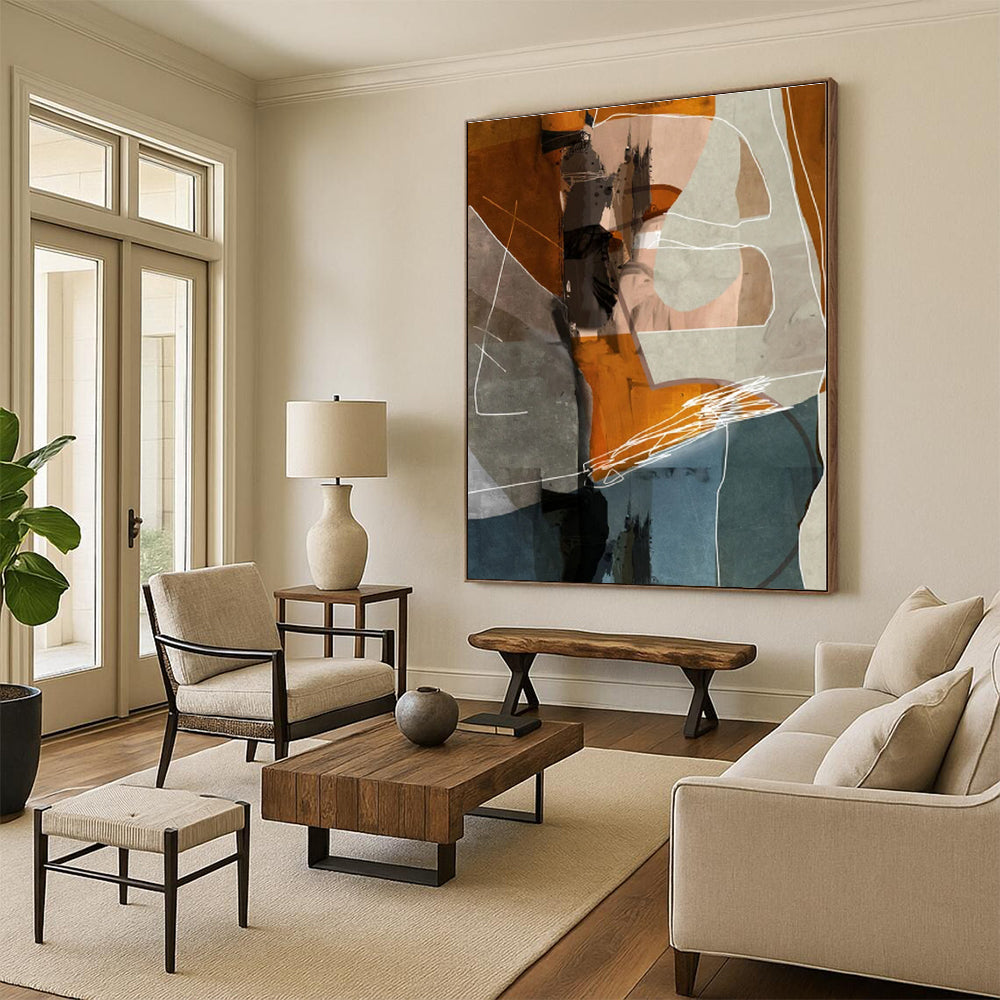 “Orange - Grey Geometric Collage”，Cubist - Inspired Abstract Mixed - Media Art CT0567