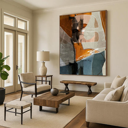 “Orange - Grey Geometric Collage”，Cubist - Inspired Abstract Mixed - Media Art CT0567