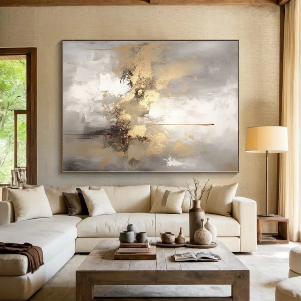 “Grey - Gold Abstract Drama”，Abstract Expressive Oil Painting CT0542