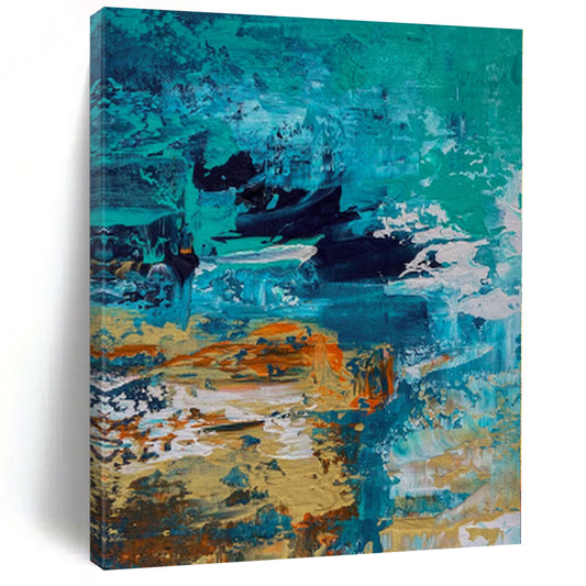 “Ocean Depths” - Abstract Painting with Teal, Blue, Black, Orange, White CT0036