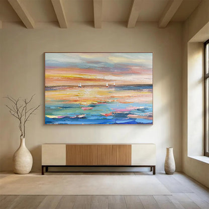 “Sailboats in Sunset Hues” – Impressionistic Seascape Oil Painting CT1745