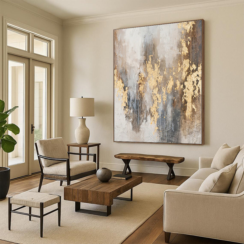 “Gold - Flecked Grey Abstract”，Abstract Expressionist Acrylic Painting CT0576