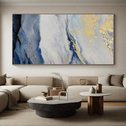 “Blue - White Clouds with Gold Streaks”，Abstract Landscape Acrylic Painting CT0584