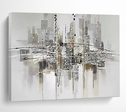 “Abstract Cityscape” - Monochromatic tones with black, white, gray; a dynamic, abstract city skyline with reflections CT1551