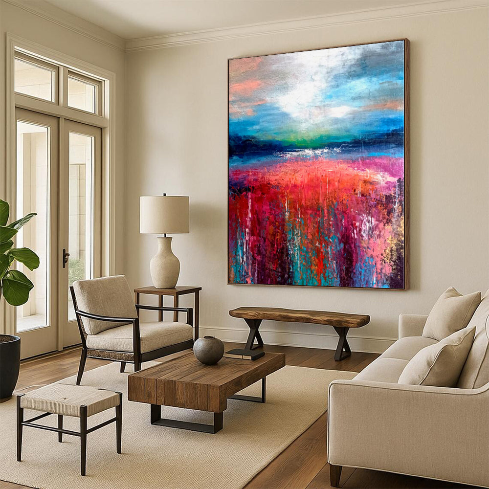 “Blues and Oranges Cascade” - Abstract Creation with Teal, White, Orange, Green Layers CT0012